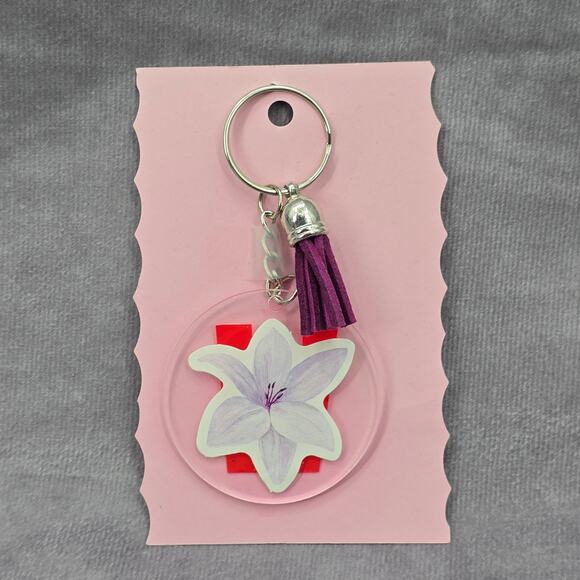 Letter Keychain Clear Silver Circle Handmade Acrylic Tassel Flower W Purple - Picture 2 of 3